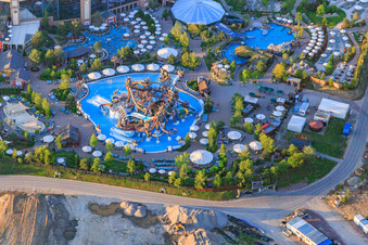 Oblique view of Svalgurok, Spiralrok - spiral slide and Slalomrok - wild slalom slide in Rulantica in Europapark Rust in Rust in the state Baden-Wuerttemberg, Germany