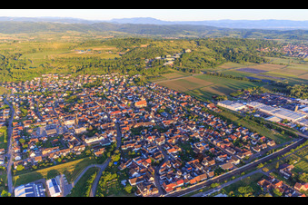View of the town beyond the railway line from the northwest in Ringsheim in the state Baden-Wuerttemberg, Germany