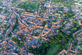 Aerial photograpy of Historic old town with St. Stephani Church, market and Tie in Aschersleben in the state Saxony-Anhalt, Germany