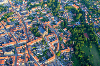 Oblique view of Historic old town with St. Stephani Church, market and Tie in Aschersleben in the state Saxony-Anhalt, Germany