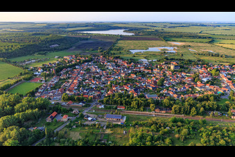 View of the town with the train station in the district Frose in Seeland in the state Saxony-Anhalt, Germany