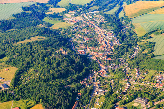 Aerial view of View of the town from the north with castle Mansfeld in Mansfeld in the state Saxony-Anhalt, Germany