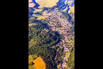Aerial photograpy of View of the town from the north with castle Mansfeld in Mansfeld in the state Saxony-Anhalt, Germany