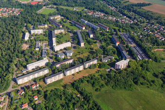 Aerial view of Prefabricated housing estates in the musicians' quarter in Hettstedt in the state Saxony-Anhalt, Germany
