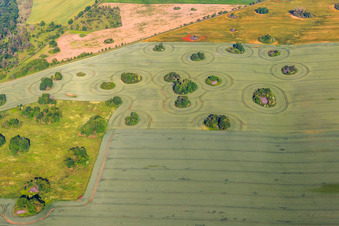 Aerial view of Ice Age kameshügel form uncultivable gaps in the fields in the district Arnstedt in Arnstein in the state Saxony-Anhalt, Germany