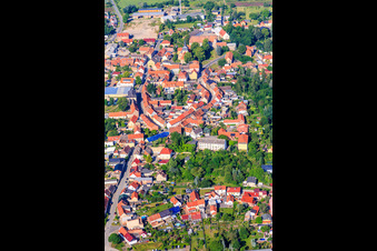 Aerial view of B185, Lange Straße and Siederstr in the district Ermsleben in Falkenstein in the state Saxony-Anhalt, Germany