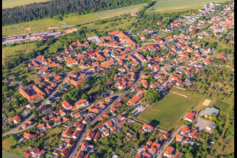 View of the town from the east with the SV 56 sports facility Timmenrode in the district Timmenrode in Blankenburg in the state Saxony-Anhalt, Germany