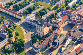 Aerial photograpy of Church of St. Martini on Matiniplan in the district Diocese Halberstadt in Halberstadt in the state Saxony-Anhalt, Germany