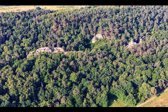Aerial photograpy of Five-fingered rocks and shadows of the witches, Klusfelsen in Halberstadt in the state Saxony-Anhalt, Germany