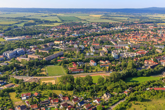 Fichtenstraße with football pitch at the vocational school in Quedlinburg in the state Saxony-Anhalt, Germany