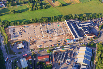 Aerial photograpy of Construction site of the new logistics park of HANSAINVEST and DFI-Real-Estate Kandel after demolition of the OBI market in the district Minderslachen in Kandel in the state Rhineland-Palatinate, Germany