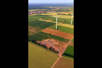 Aerial photograpy of Repowering of the Minfeld wind farm. JUWI is replacing four older turbines (GE 1.5) from 2004 with two new, modern Vestas V162 turbines, each with a capacity of six megawatts. in Kandel in the state Rhineland-Palatinate, Germany