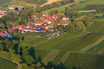 Village view in the morning from the north with the mobile home parking area of Weinhaus Geiger in Dierbach in the state Rhineland-Palatinate, Germany