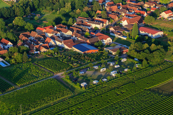 Aerial view of Village view in the morning from the north with the mobile home parking area of Weinhaus Geiger in Dierbach in the state Rhineland-Palatinate, Germany