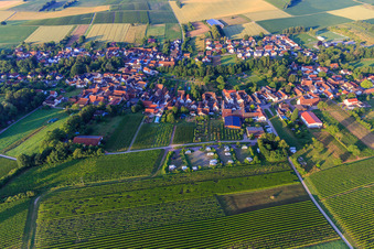 Aerial photograpy of Village view in the morning from the north with the mobile home parking area of Weinhaus Geiger in Dierbach in the state Rhineland-Palatinate, Germany