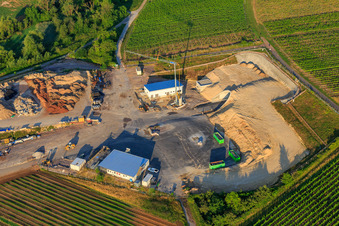 Construction site of the eastern tunnel portal for the Astrid Tunnel for the underpass and bypass of Bad Bergzabern between B38 (Weinstraße) and B427 (Kurtalstraße) in Dörrenbach in the state Rhineland-Palatinate, Germany from the drone perspective