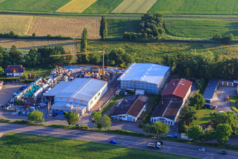 Brückwiesenstraße commercial area with Union Bauzentrum Hornbach BZA-Kapellen and natural furniture store Heinrich in the district Kapellen in Kapellen-Drusweiler in the state Rhineland-Palatinate, Germany