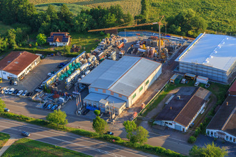 Aerial view of Brückwiesenstraße commercial area with Philipp Öhl Kfz-Handwerk GmbH, Union Bauzentrum Hornbach BZA-Kapellen and natural furniture store Heinrich in the district Kapellen in Kapellen-Drusweiler in the state Rhineland-Palatinate, Germany