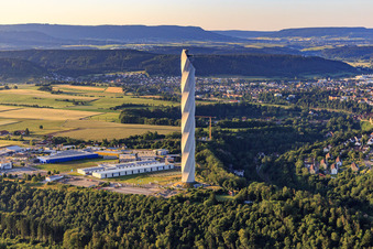 TK Elevator Test Tower: Elevator test tower with twisted facade membrane, 12 elevator shafts and observation deck with in Rottweil in the state Baden-Wuerttemberg, Germany