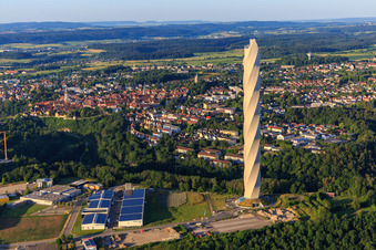 Aerial view of TK Elevator Test Tower: Elevator test tower with twisted facade membrane, 12 elevator shafts and observation deck with in Rottweil in the state Baden-Wuerttemberg, Germany