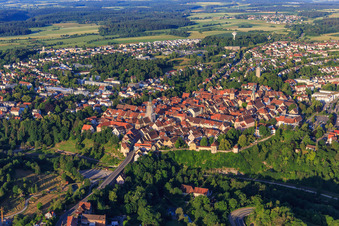 Historic old town from the east with city wall, powder tower in Rottweil in the state Baden-Wuerttemberg, Germany