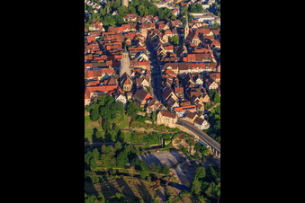Aerial photograpy of Historic old town from the east with main street and chapel church in Rottweil in the state Baden-Wuerttemberg, Germany
