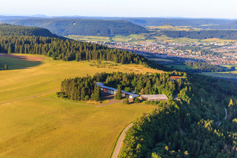 Aerial view of Aeroclub Klippeneck eV at the Klippeneck gliding grounds - AG of the flying groups at the Klippeneck eV in Denkingen in the state Baden-Wuerttemberg, Germany