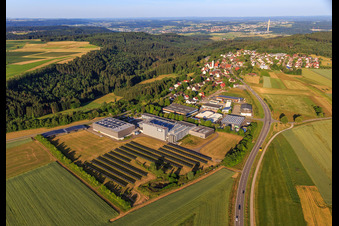 Aerial view of Open-space PV system at the Eferenstraße industrial estate with rio-sys and Gebr. Schwarz GmbH in the district Neukirch in Rottweil in the state Baden-Wuerttemberg, Germany