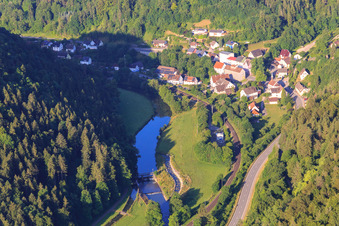 Aerial view of Village in the Neckar Valley with dam Talhausen in the district Talhausen in Epfendorf in the state Baden-Wuerttemberg, Germany