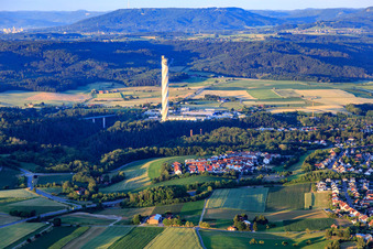 TK Elevator test tower from the west and the new development area Hegneberg (Überlinger Straße) in Rottweil in the state Baden-Wuerttemberg, Germany