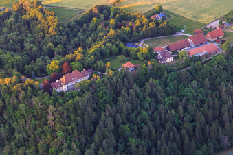 Aerial photograpy of Hohenstein Castle and Franz Count of Bissingen in Dietingen in the state Baden-Wuerttemberg, Germany