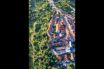 Aerial photograpy of Historic town center with Fruchtkasten and town church in Rosenfeld in the state Baden-Wuerttemberg, Germany