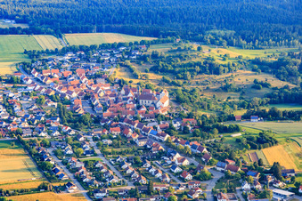 Historic town centre from the south with St. Markus Church, monastery and primary school in the district Binsdorf in Geislingen in the state Baden-Wuerttemberg, Germany