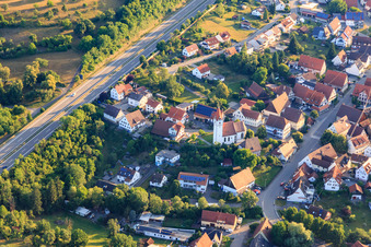 View of the town with St. Peters Church from the south on this side of the B27 in the district Engstlatt in Balingen in the state Baden-Wuerttemberg, Germany