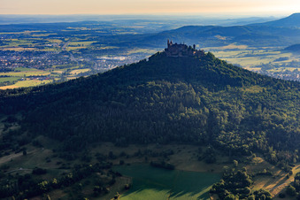 Aerial view of Hohenzollern Castle from the south in the district Zimmern in Bisingen in the state Baden-Wuerttemberg, Germany