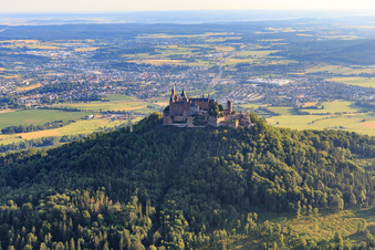 Aerial photograpy of Hohenzollern Castle from the south in the district Zimmern in Bisingen in the state Baden-Wuerttemberg, Germany