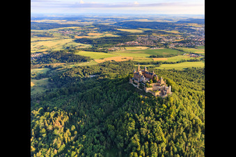 Aerial view of Hohenzollern Castle from the southeast in the district Zimmern in Bisingen in the state Baden-Wuerttemberg, Germany