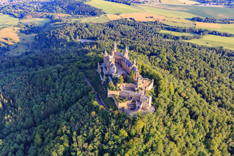 Oblique view of Hohenzollern Castle from the southeast in the district Zimmern in Bisingen in the state Baden-Wuerttemberg, Germany