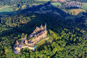 Hohenzollern Castle from the southeast in the district Zimmern in Bisingen in the state Baden-Wuerttemberg, Germany seen from above