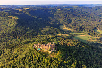 Aerial photograpy of Hohenzollern Castle from the north in the district Boll in Hechingen in the state Baden-Wuerttemberg, Germany