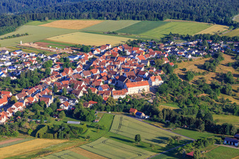 Historic town centre from the southeast with St. Markus Church, monastery and primary school in the district Binsdorf in Geislingen in the state Baden-Wuerttemberg, Germany