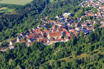 Oblique view of Historic town center with Fruchtkasten and town church in Rosenfeld in the state Baden-Wuerttemberg, Germany