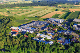 Aerial view of Oberwiesachstraße industrial area with ROHE Technology GmbH, Pewe Weidlich GmbH, SuperAlloy Manufaktur GmbH and Dobergo GmbH & Co. KG in the district Betzweiler in Loßburg in the state Baden-Wuerttemberg, Germany
