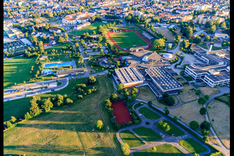 Panorama pool and outdoor pool Freudenstadt, Hermann-Saam sports field of the Freudenstad sports club, Kepler Gymnasium, youth traffic school Freudenstadt, stadium hall and district hall in Freudenstadt in the state Baden-Wuerttemberg, Germany