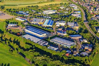 Aerial view of Industrial area Lise-Meitner-Straße with Sülzle Stahlpartner GmbH, printing company ITW Morlock GmbH, and Schwarz Systems GmbH location 02 in Dornstetten in the state Baden-Wuerttemberg, Germany