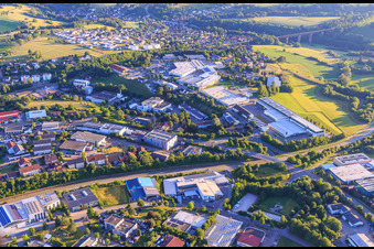Hochgerichtstraße industrial area from the east with Nedo GmbH & Co. KG surveying equipment and Kläger Spritzguss GmbH & Co. KG in Dornstetten in the state Baden-Wuerttemberg, Germany