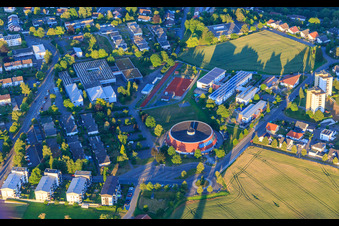 Aerial view of Round Hohenberghalle, Bishop Sproll Nursing Home and Bishop Sproll Nursing Home in Horb am Neckar in the state Baden-Wuerttemberg, Germany