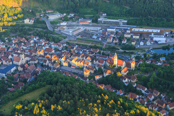 Old town with Marktstraße, Hohenberg Castle and Holy Cross Collegiate Church in Horb am Neckar in the state Baden-Wuerttemberg, Germany