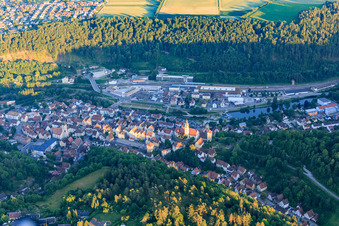Aerial view of Old town with Marktstraße, Hohenberg Castle and Holy Cross Collegiate Church in Horb am Neckar in the state Baden-Wuerttemberg, Germany