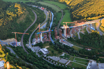 Aerial view of Construction site of the Neckartal High Bridge Horb am Neckar for crossing the Neckar for the B32 / B28 in the district Nordstetten in Horb am Neckar in the state Baden-Wuerttemberg, Germany